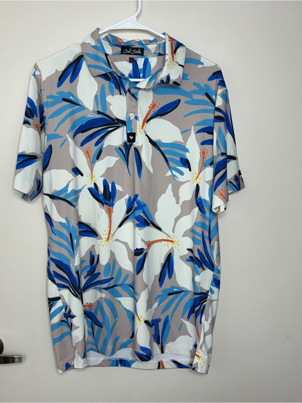 Bad Birdie Men's Floral Polo in Blue, White, Gray